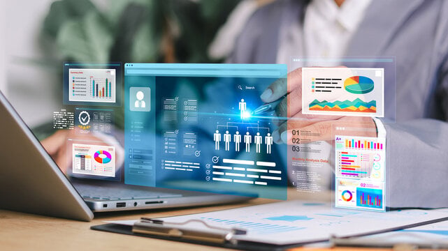 Dashboard interface with floating analytics panels