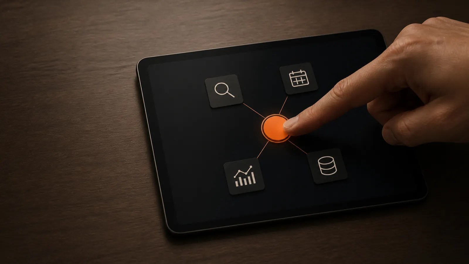 A fingertip directs research, calendar, analysis and data tasks from a central control on a realistic tablet.