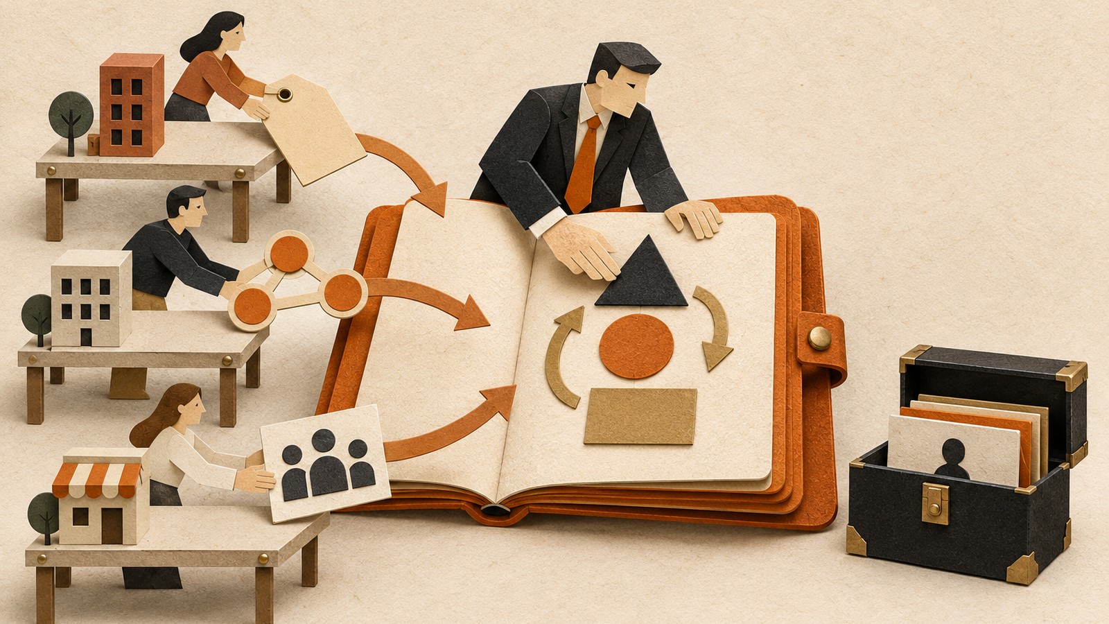 A paper-collage marketer organises inputs from three different company worktables into one reusable pattern library while a chest of private client files sits apart from the book.